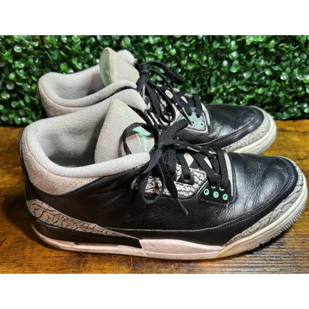 Air Jordan 3 Retro Black/Green Glow- Wolf Grey Leather Sneakers, Sz. 11
